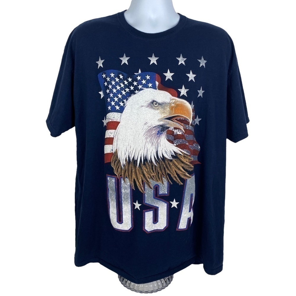 USA Flag Stars Bald Eagle Graphic T-Shirt Men's 2XL Navy Blue
